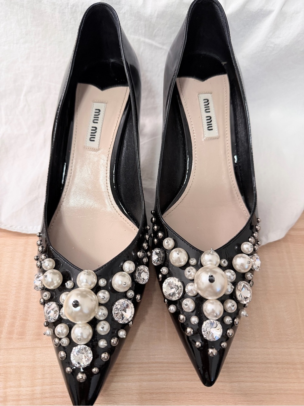 Miu Miu Black Embellished Patent Leather Pointed Toe Pumps